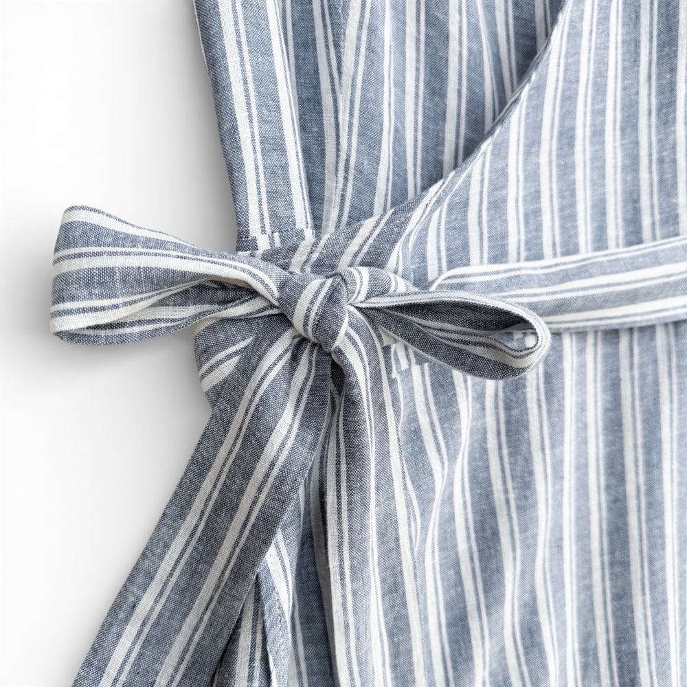 Marine Layer Frances Wrap Dress Blue Stripe White Linen Blend Tie Waist Womens M - Picture 6 of 13